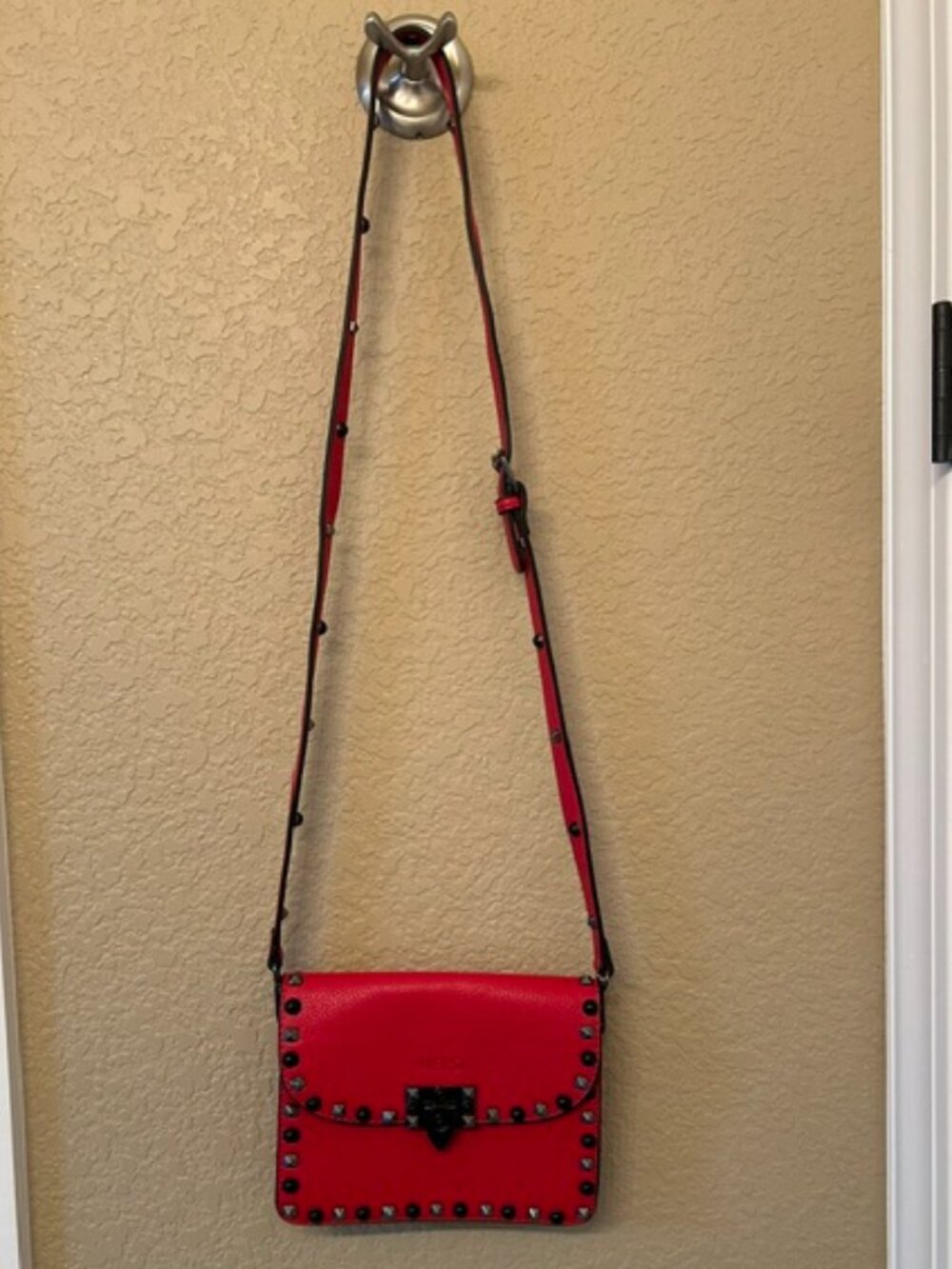 Mersi Red Leather Crossbody Purse with Black Studs